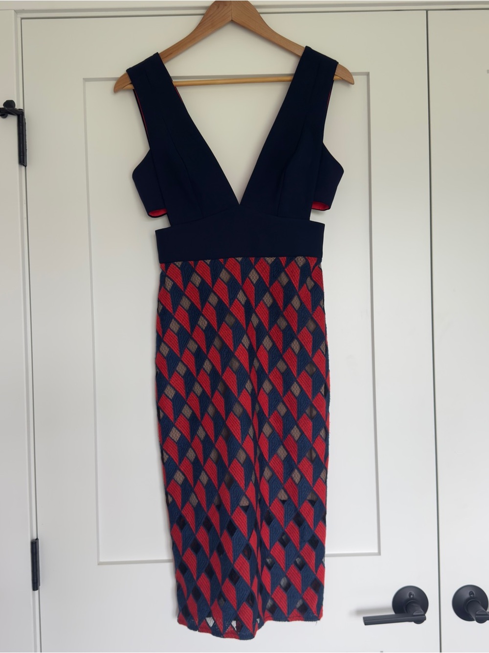 BCBGMaxAzria Navy and Red Patterned Midi Dress